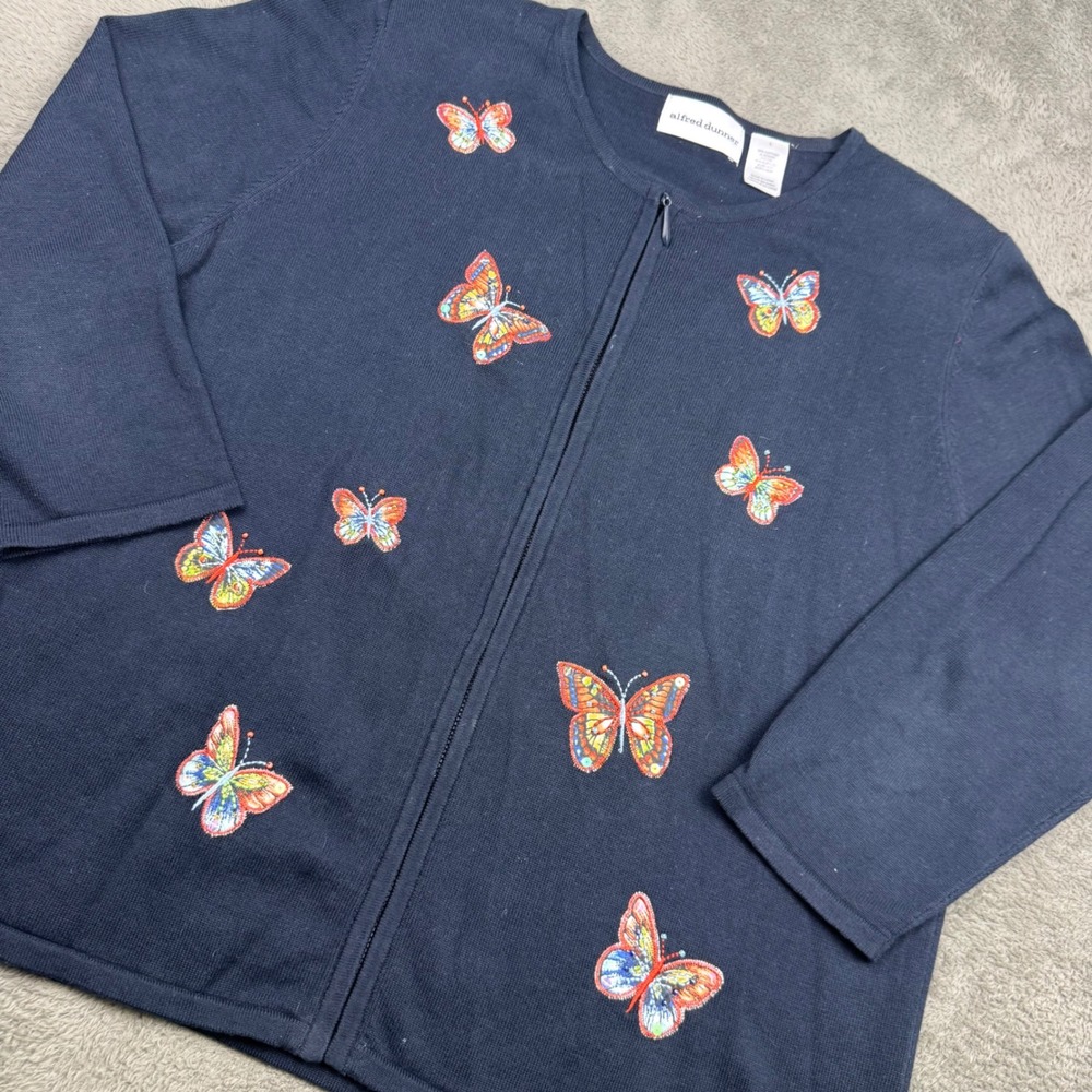 Alfred Dunner Butterfly Cardigan Women Large Navy Blue Excellent Zip Embroidered